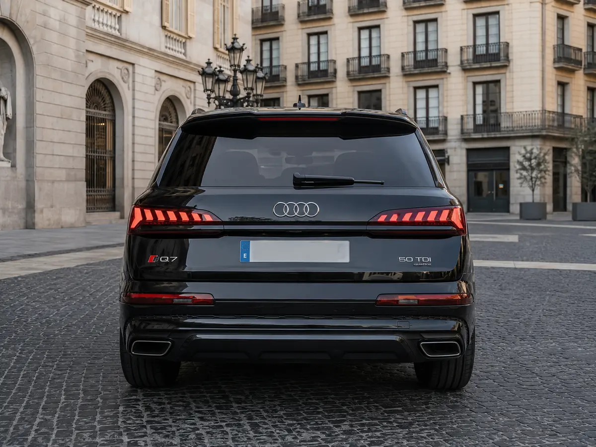 Audi Q7 50 TDI S-Line Edition 2025, vista posteriore — Rome Luxury Car Rental, Roma. L'Audi Q7 50 TDI S-Line Edition 2025 porta in dote 286 cavalli e un assetto pensato per…