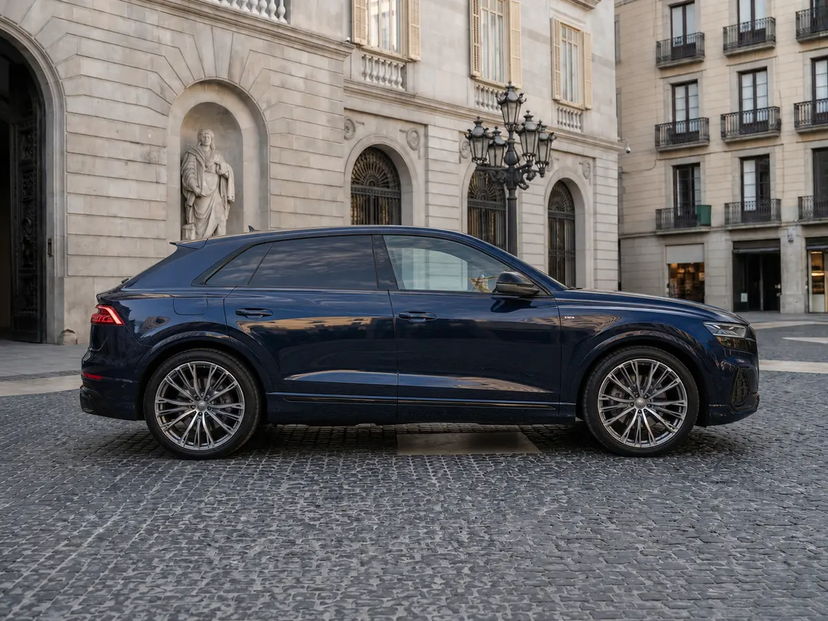 Audi Q8 55 TFSI 2022, vista frontale — Rome Luxury Car Rental, Roma. L'Audi Q8 55 TFSI del 2022 porta in strada 340 CV in una carrozzeria SUV pensata per la…