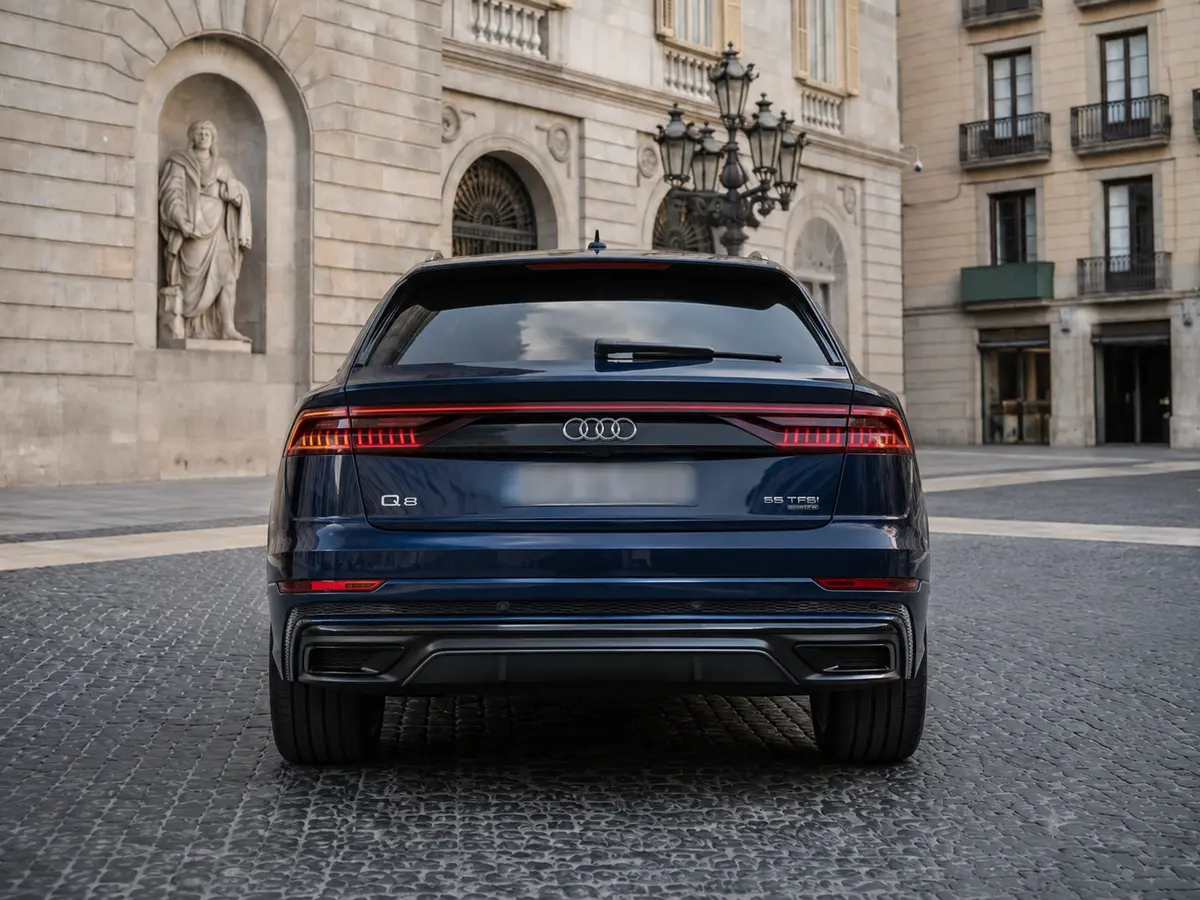 Audi Q8 55 TFSI 2022, vista posteriore — Rome Luxury Car Rental, Roma. L'Audi Q8 55 TFSI del 2022 porta in strada 340 CV in una carrozzeria SUV pensata per la…