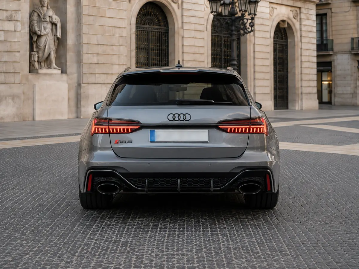 Audi RS6 2022, вид сзади — Rome Luxury Car Rental, Рим. Audi RS6 2022 года — это универсал с характером спорткара: 591 лошадиная сила, полный…