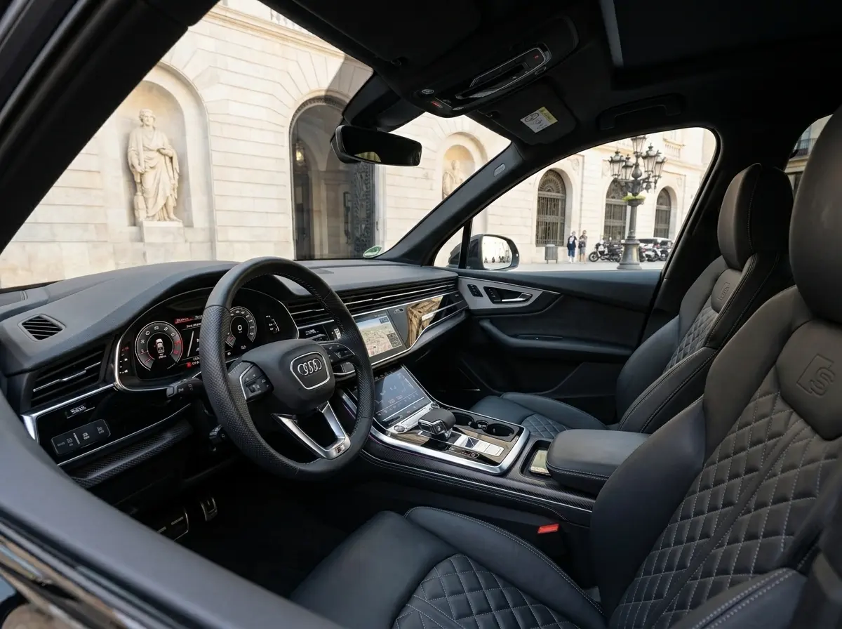 Audi SQ7 2025, esterno — Rome Luxury Car Rental, Roma. L'Audi SQ7 2025 unisce la struttura di un SUV a sette posti alla spinta di un motore da…