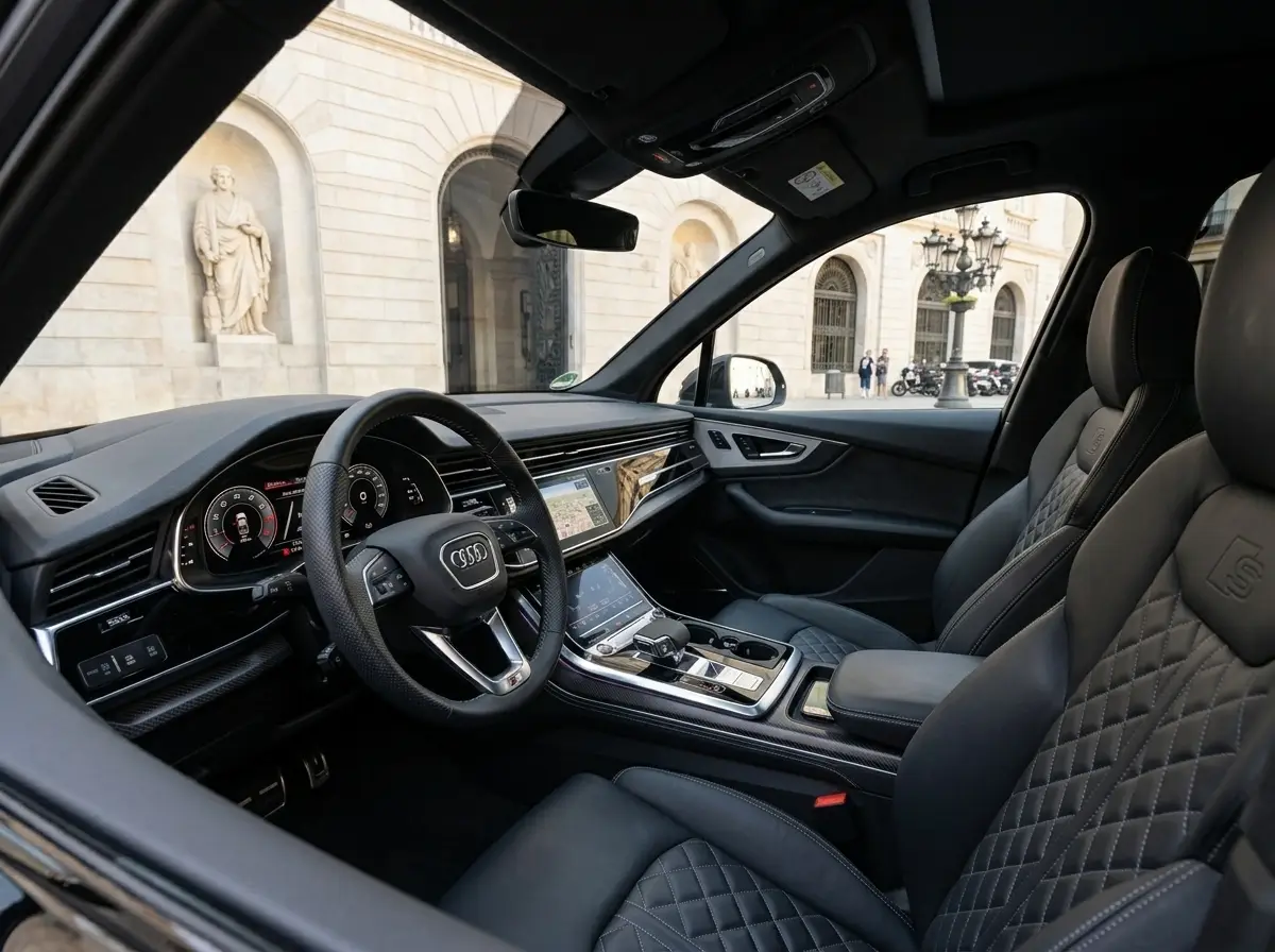 Audi SQ7 2025, esterno — Rome Luxury Car Rental, Roma. L'Audi SQ7 2025 unisce la struttura di un SUV a sette posti alla spinta di un motore da…