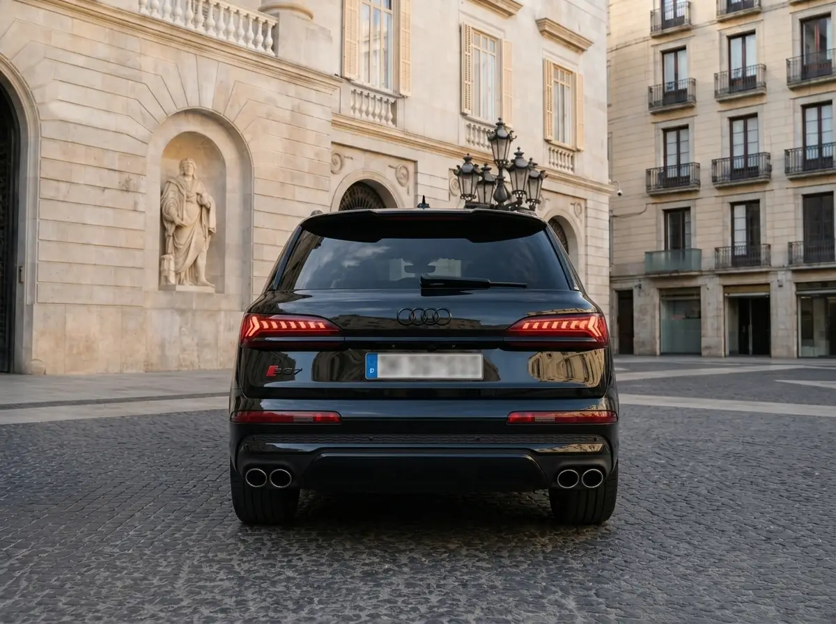 Audi SQ7 2025, vista frontale — Rome Luxury Car Rental, Roma. L'Audi SQ7 2025 unisce la struttura di un SUV a sette posti alla spinta di un motore da…