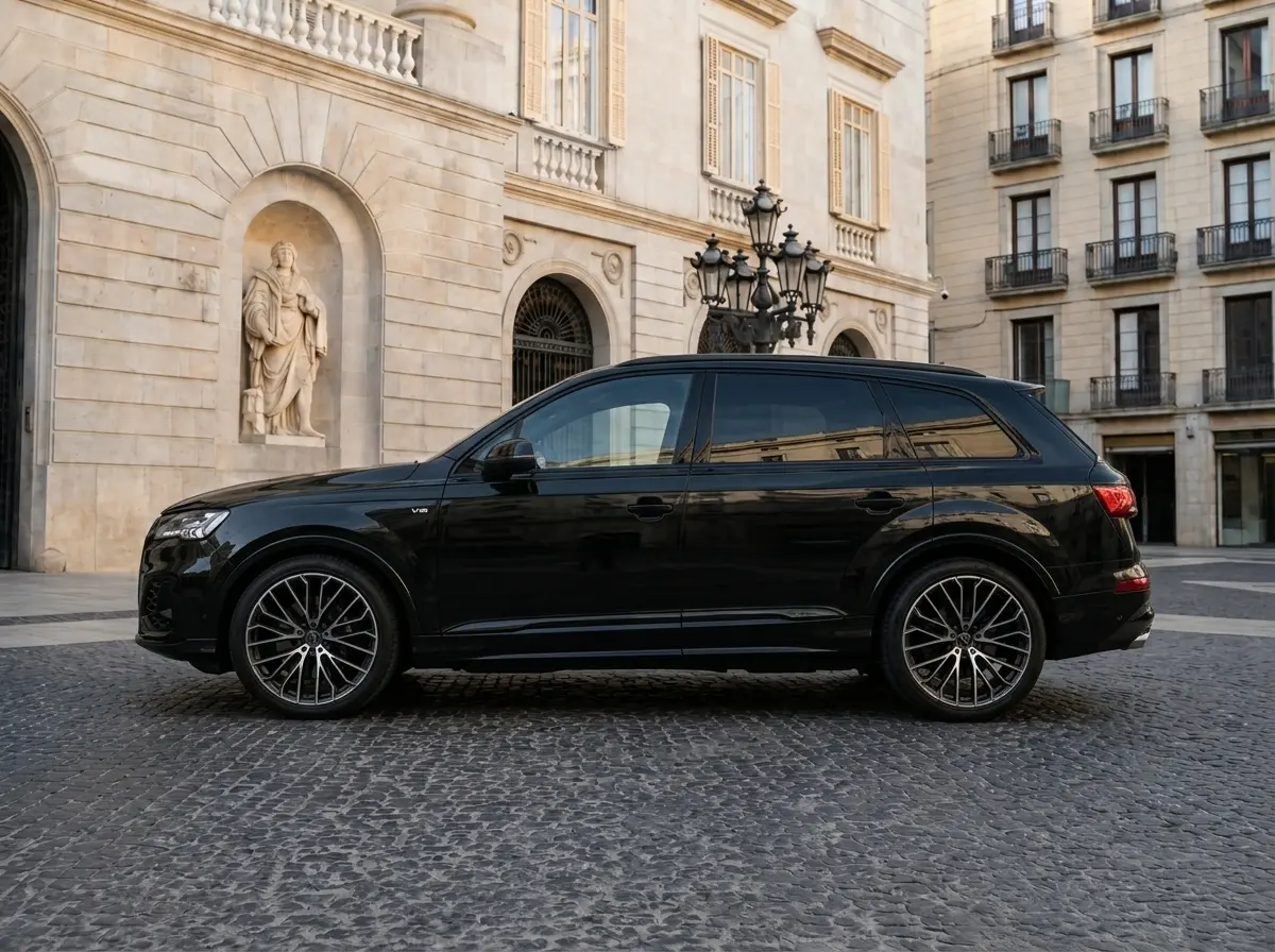Audi SQ7 2025, vista posteriore — Rome Luxury Car Rental, Roma. L'Audi SQ7 2025 unisce la struttura di un SUV a sette posti alla spinta di un motore da…