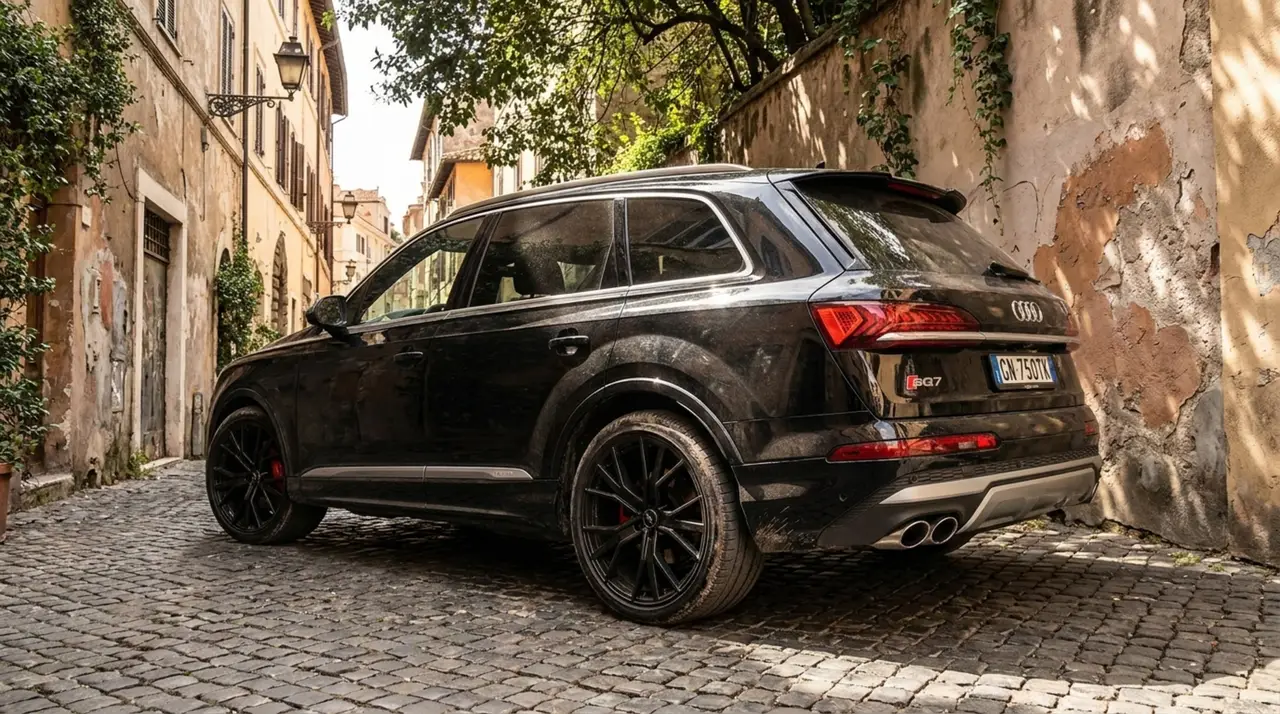 Audi SQ7 7seater 2023, vista frontale — Rome Luxury Car Rental, Roma. L'Audi SQ7 a sette posti porta in un unico corpo vettura la potenza di un SUV sportivo e…