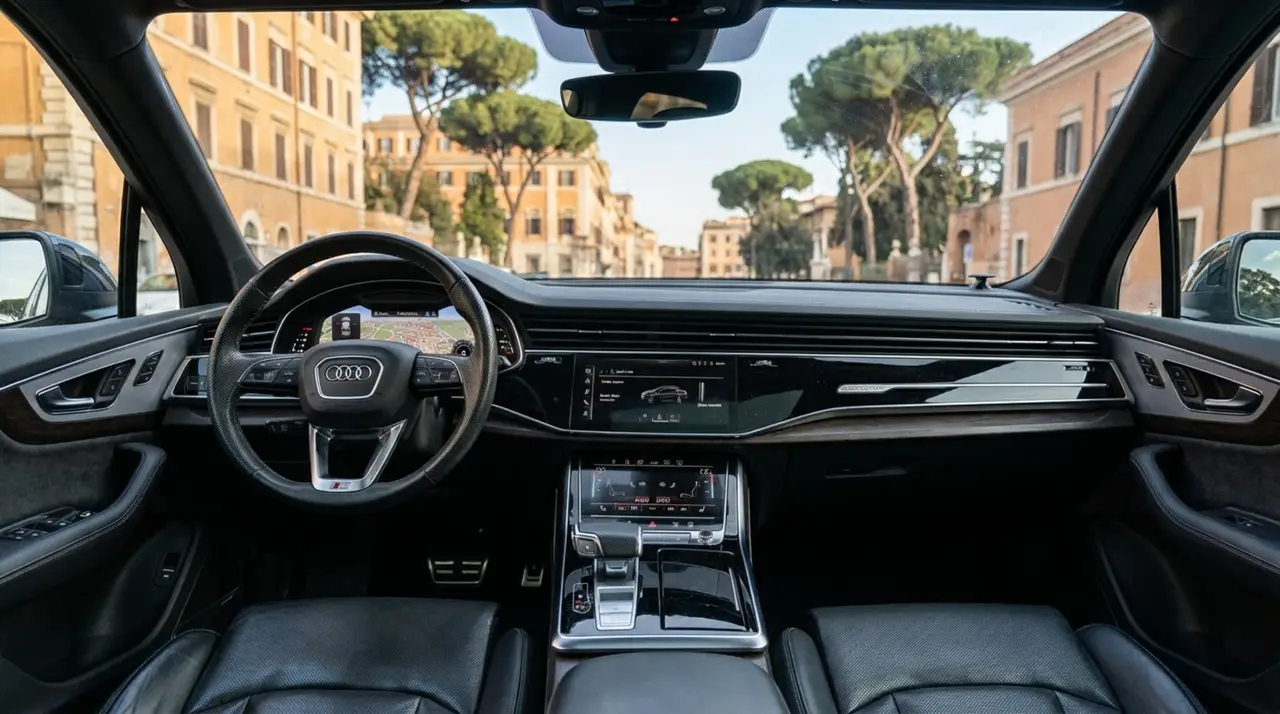 Audi SQ7 7seater 2023, vista posteriore — Rome Luxury Car Rental, Roma. L'Audi SQ7 a sette posti porta in un unico corpo vettura la potenza di un SUV sportivo e…