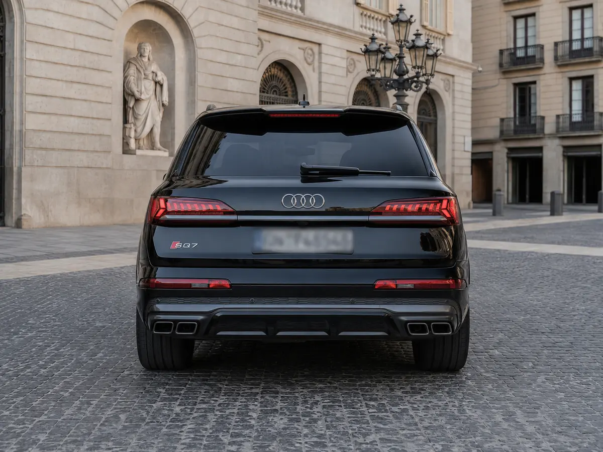 Audi SQ7 7seater 2023, rear view — Rome Luxury Car Rental, Rome. The Audi SQ7 pairs 530 hp with seven seats, a rare combination in this segment and one…