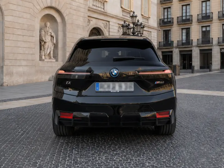 BMW IX M60 2023, rear view — Rome Luxury Car Rental, Rome. The BMW iX M60 pairs 619 hp with the composure of a full electric drivetrain, delivering…