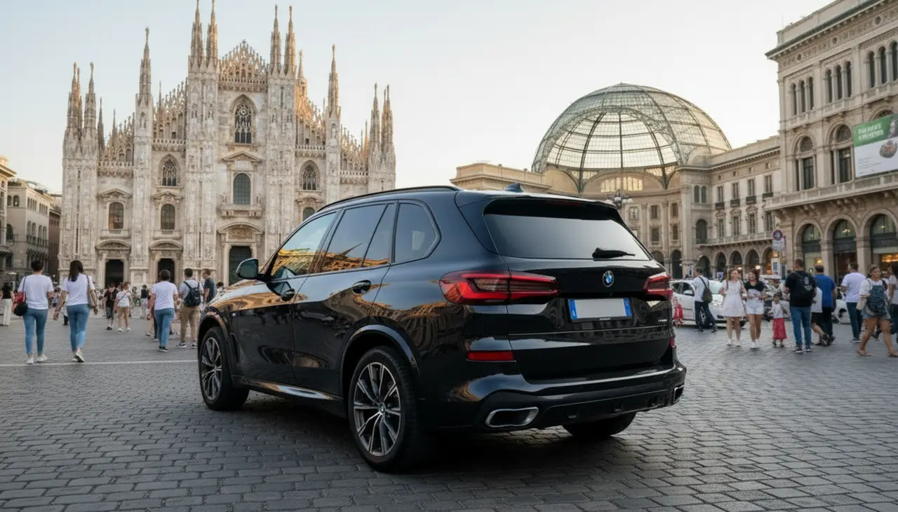 BMW X5 4.0i M 2025, exterior — Rome Luxury Car Rental, Roma. El BMW X5 4.0i M 2025 combina la altura de conducción y el espacio de un todoterreno con…