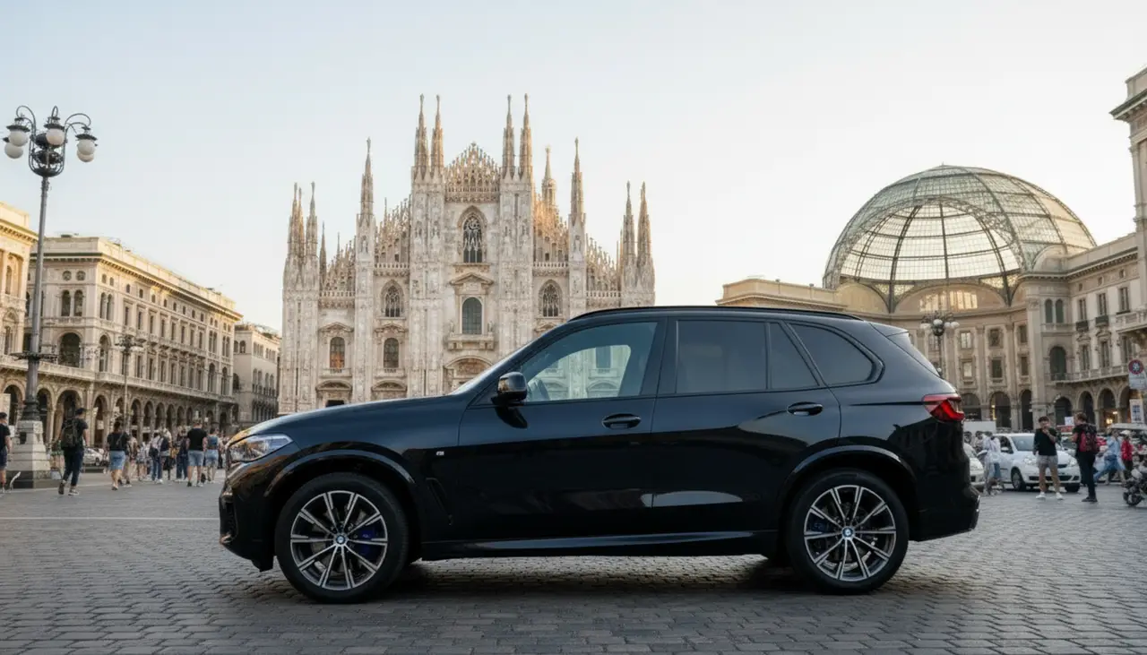 BMW X5 4.0i M 2025, vista trasera — Rome Luxury Car Rental, Roma. El BMW X5 4.0i M 2025 combina la altura de conducción y el espacio de un todoterreno con…