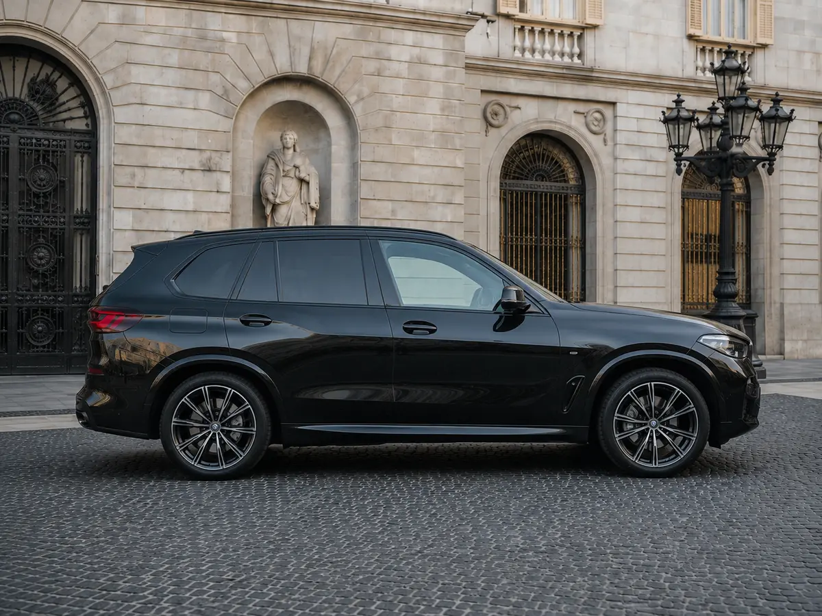 BMW X5 4.0i M 2025, vista frontale — Rome Luxury Car Rental, Roma. La BMW X5 4.0i M, edizione 2025, è un SUV che unisce la struttura solida delle grandi…
