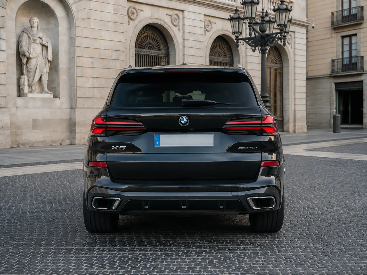 BMW X5 4.0i M 2025, vista posteriore — Rome Luxury Car Rental, Roma. La BMW X5 4.0i M, edizione 2025, è un SUV che unisce la struttura solida delle grandi…