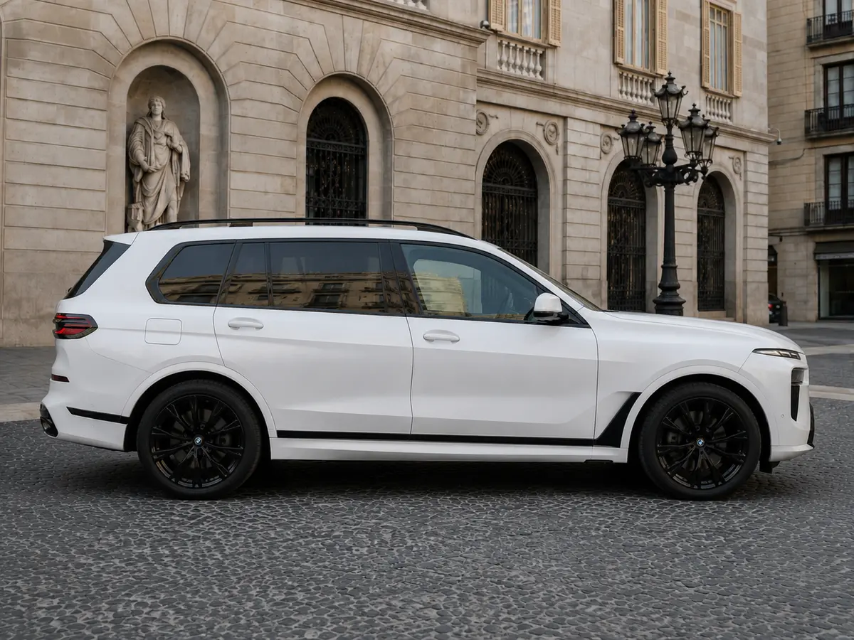 BMW X7 40d M 2024, front view — Rome Luxury Car Rental, Rome. The 2024 BMW X7 40d M is a full-size SUV that earns its presence on the road without…
