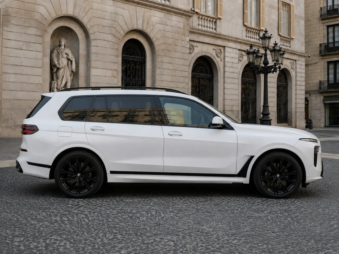 BMW X7 40d M 2024, front view — Rome Luxury Car Rental, Rome. The 2024 BMW X7 40d M is a full-size SUV that earns its presence on the road without…