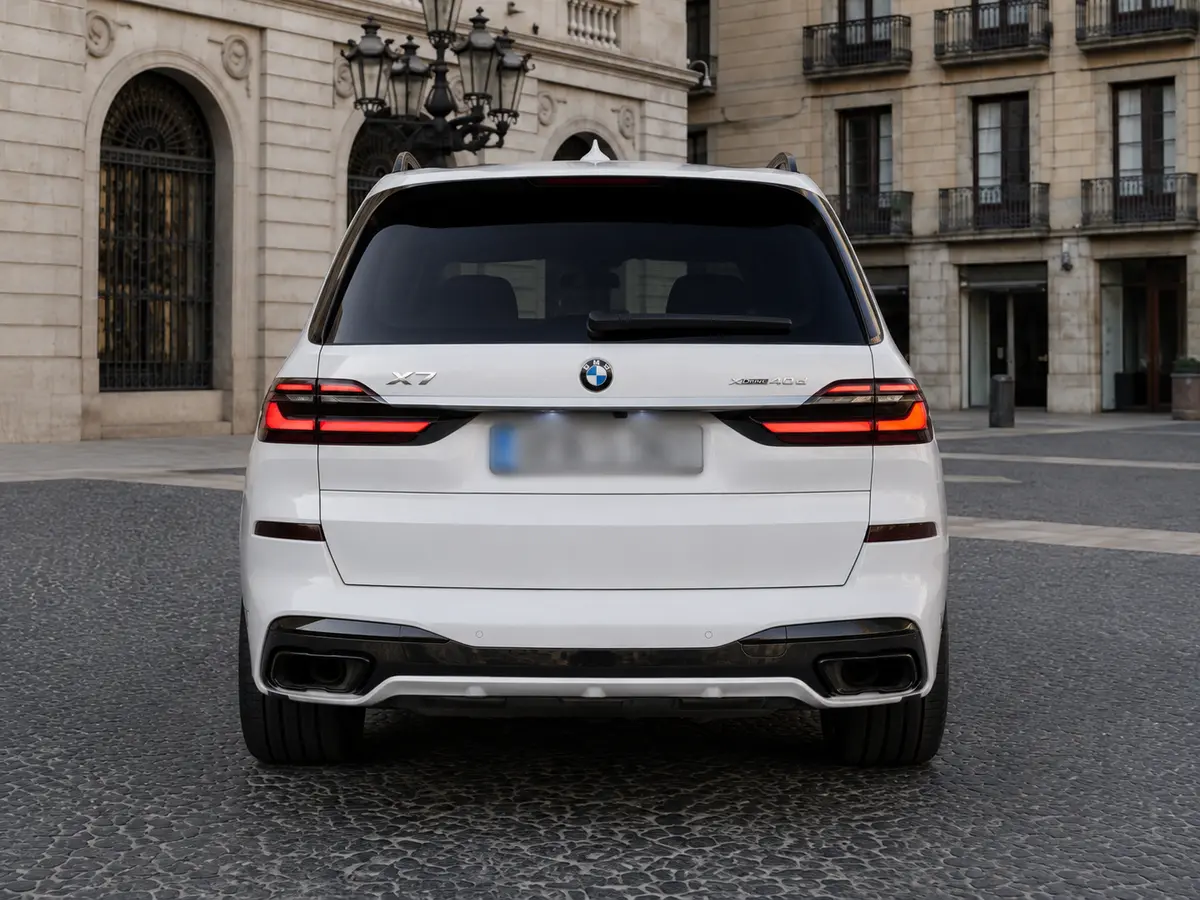 BMW X7 40d M 2024, rear view — Rome Luxury Car Rental, Rome. The 2024 BMW X7 40d M is a full-size SUV that earns its presence on the road without…
