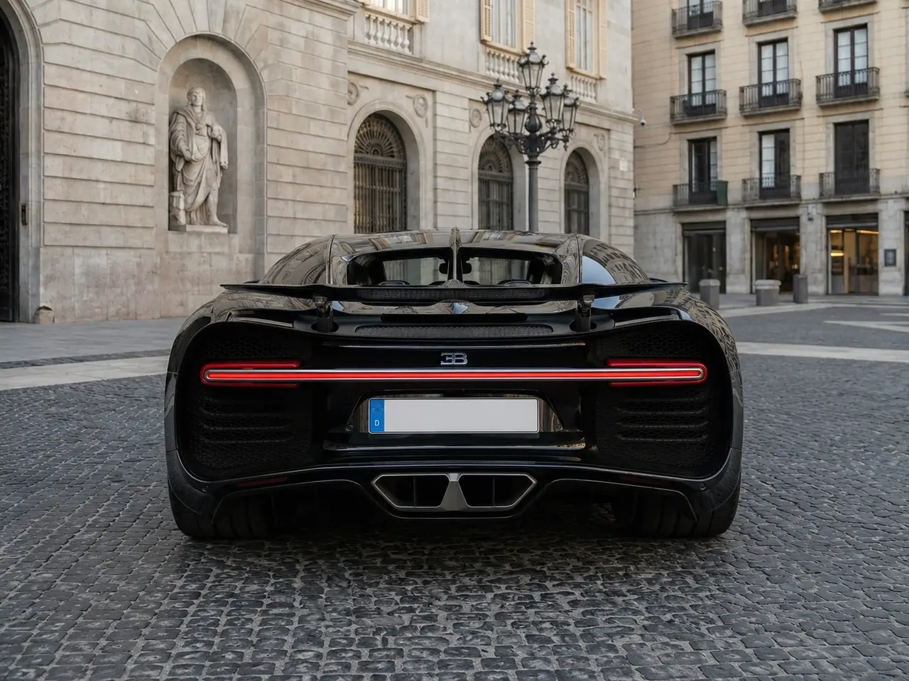 Bugatti Chiron 110 Ani 2019, rear view — Rome Luxury Car Rental, Rome. The Bugatti Chiron 110 Ani is a car that needs no introduction — and very few roads…