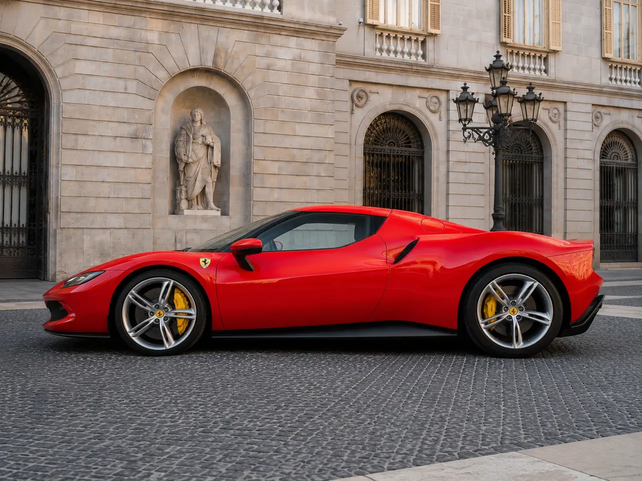 Ferrari 296 GTB 2023, внешний вид — Rome Luxury Car Rental, Рим. Ferrari 296 GTB — двухместный спорткар с гибридной силовой установкой, отдающей 830…
