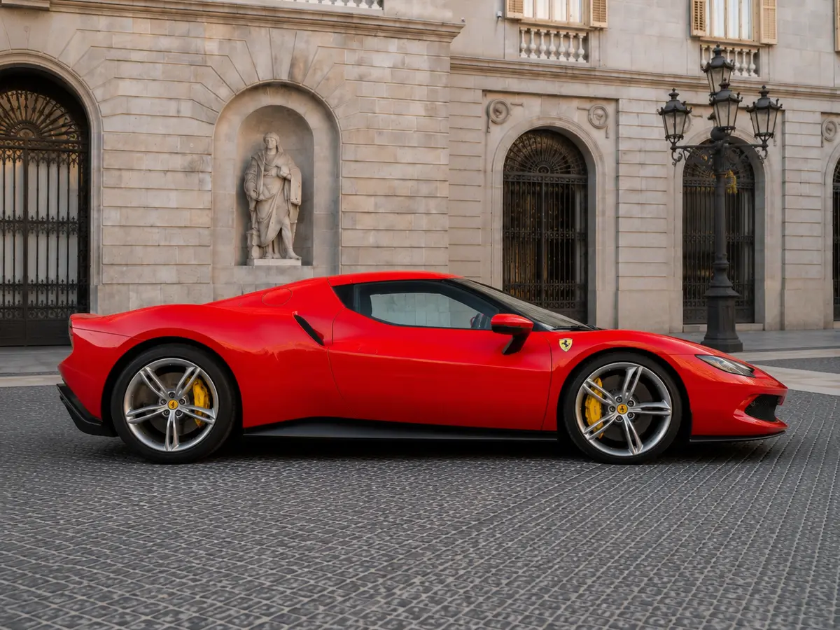 Ferrari 296 GTB 2023, вид сзади — Rome Luxury Car Rental, Рим. Ferrari 296 GTB — двухместный спорткар с гибридной силовой установкой, отдающей 830…