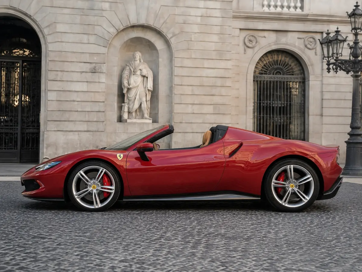 Ferrari 296 GTS Spider 2025, esterno — Rome Luxury Car Rental, Roma. La Ferrari 296 GTS Spider abbina un propulsore V6 ibrido da 819 cavalli a una carrozzeria…