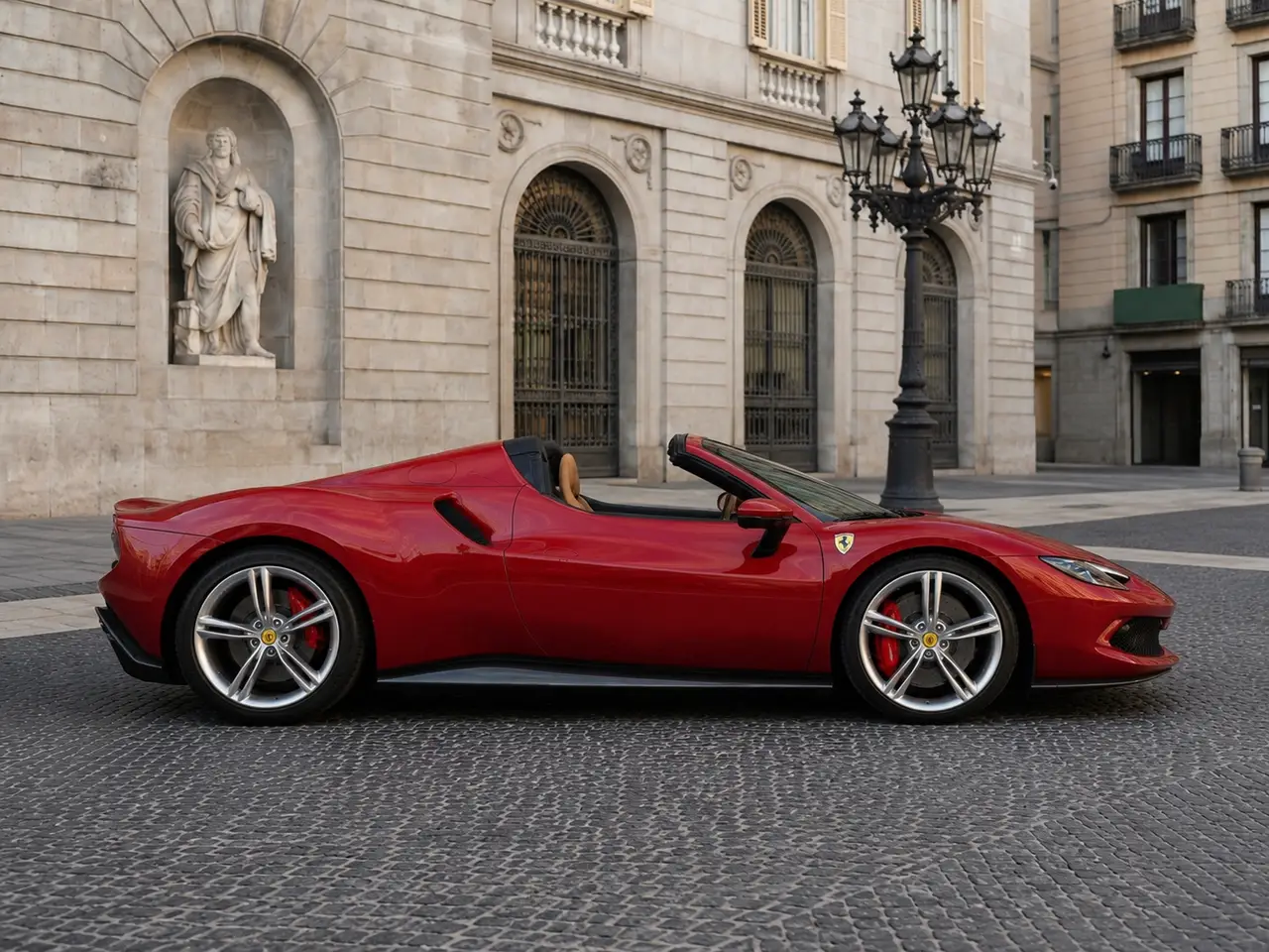 Ferrari 296 GTS Spider 2025, vista frontale — Rome Luxury Car Rental, Roma. La Ferrari 296 GTS Spider abbina un propulsore V6 ibrido da 819 cavalli a una carrozzeria…