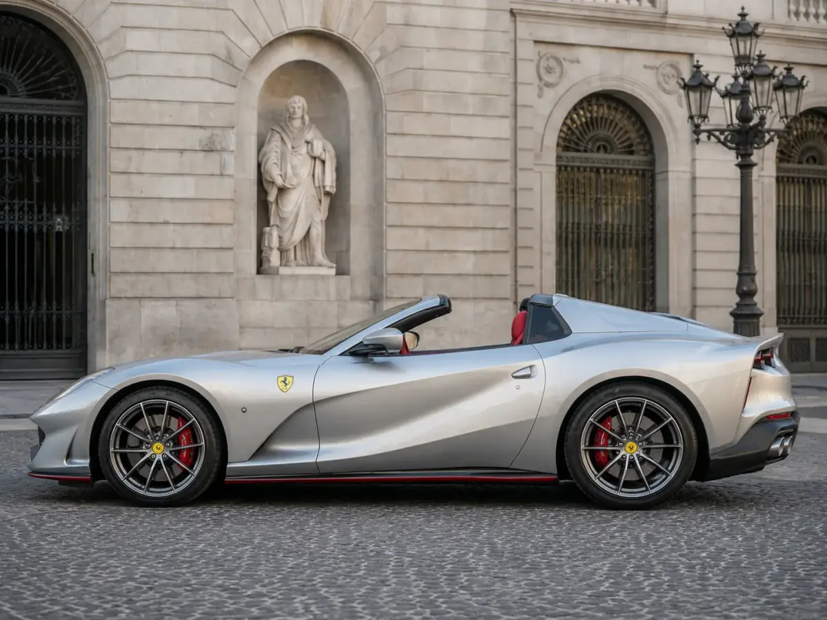 Ferrari 812 GTS 2024, exterior — Rome Luxury Car Rental, Rome. The Ferrari 812 GTS pairs a naturally aspirated V12 character with the option to drop the…