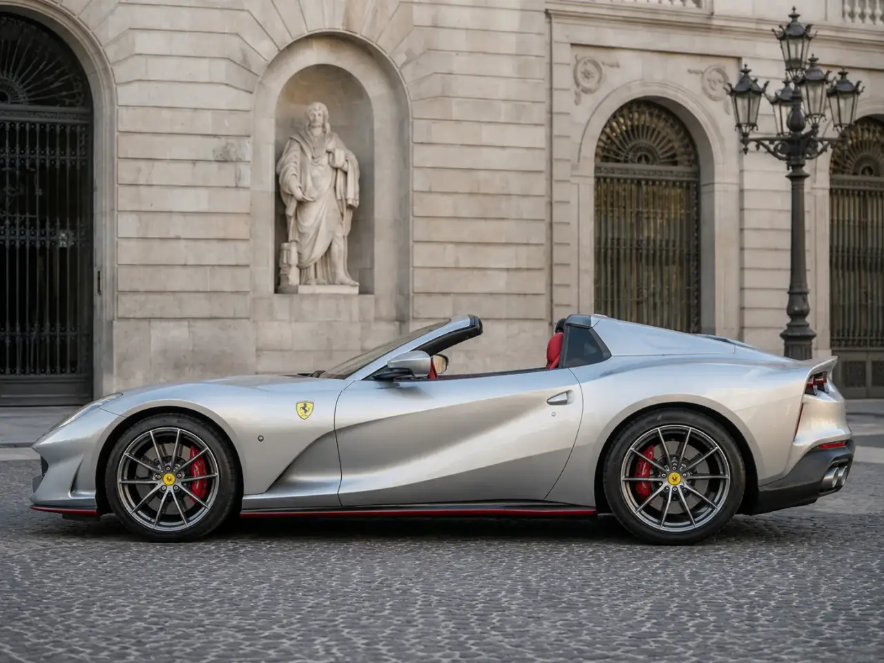 Ferrari 812 GTS 2024, exterior — Rome Luxury Car Rental, Rome. The Ferrari 812 GTS pairs a naturally aspirated V12 character with the option to drop the…