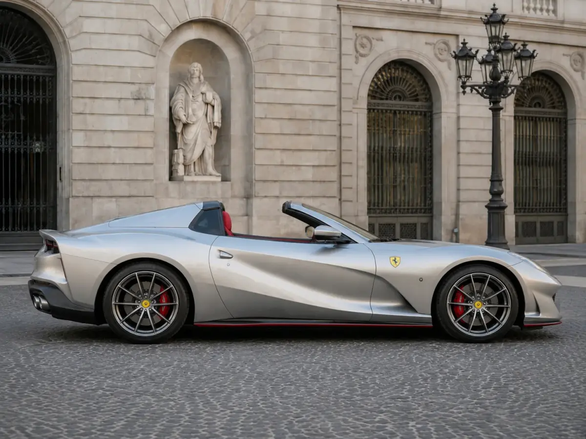 Ferrari 812 GTS 2024, front view — Rome Luxury Car Rental, Rome. The Ferrari 812 GTS pairs a naturally aspirated V12 character with the option to drop the…