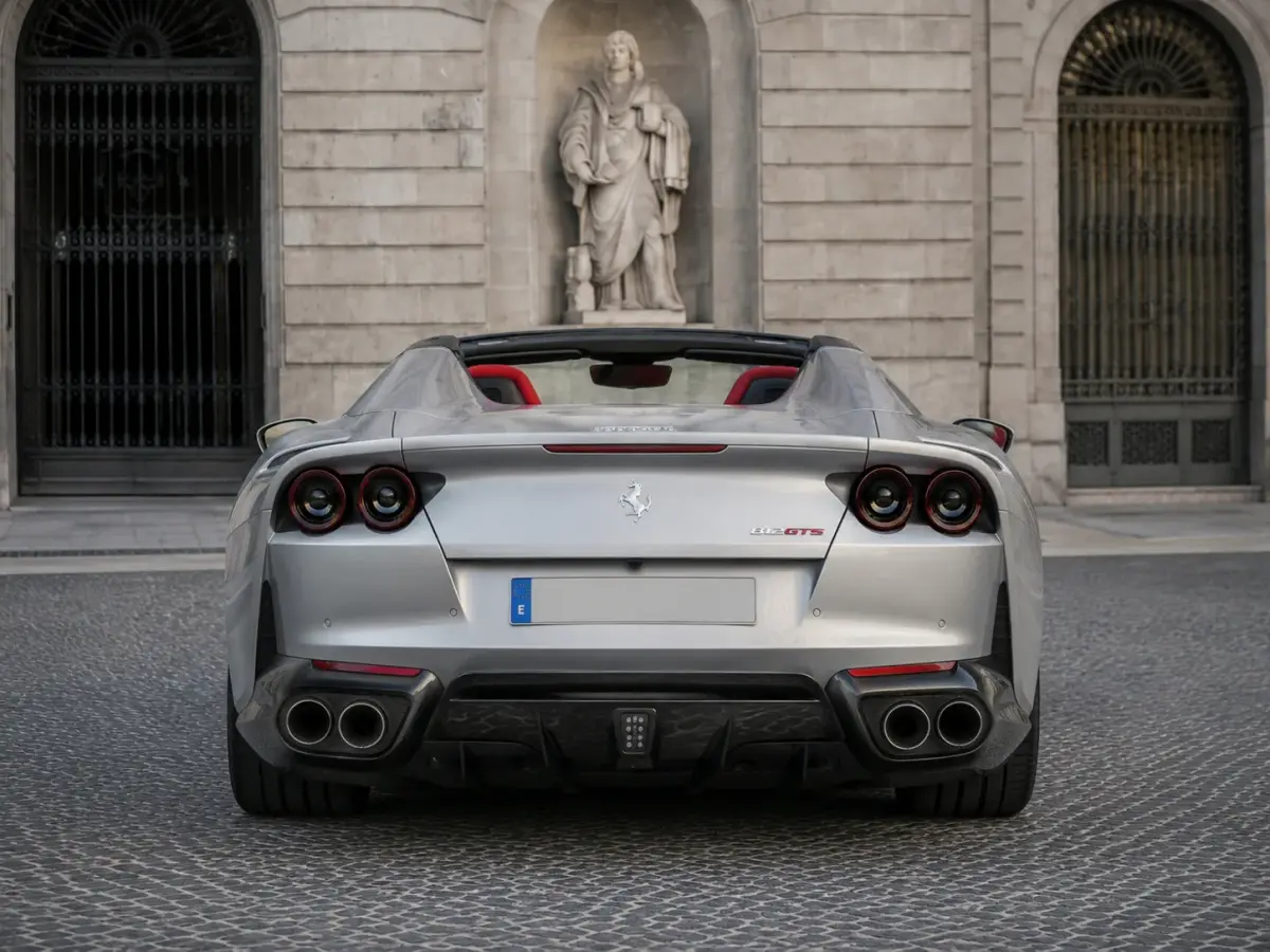Ferrari 812 GTS 2024, rear view — Rome Luxury Car Rental, Rome. The Ferrari 812 GTS pairs a naturally aspirated V12 character with the option to drop the…