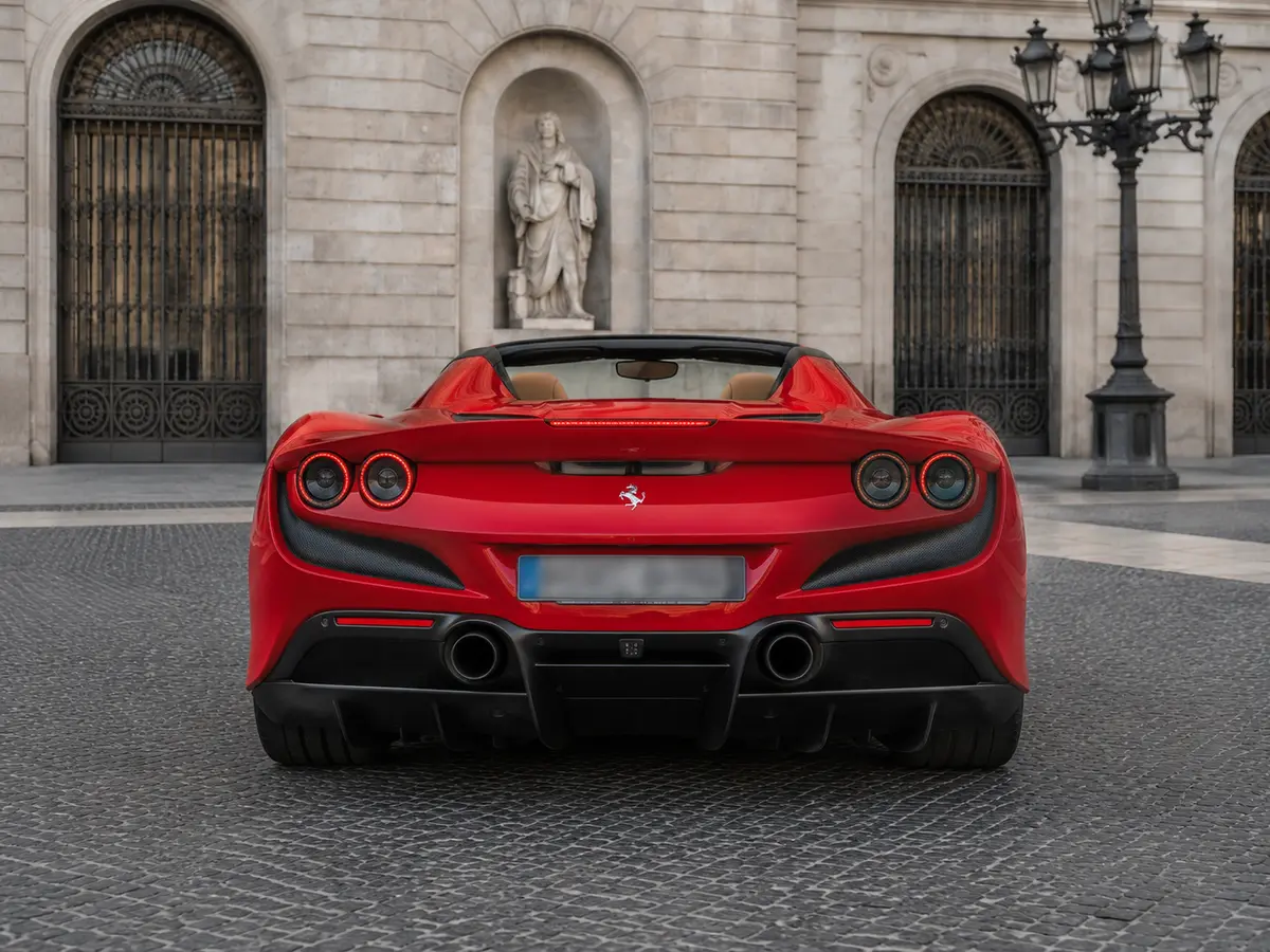 Ferrari F8 Tributo Spider Red 2023, вид сзади — Rome Luxury Car Rental, Рим. Ferrari F8 Tributo Spider в красном кузове — это заряженный V8 на 720 л.с., рассчитанный…