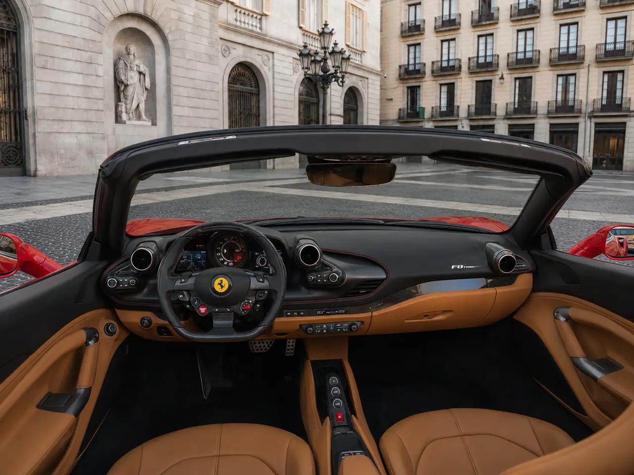 Ferrari F8 Tributo Spider Red 2023, салон — Rome Luxury Car Rental, Рим. Ferrari F8 Tributo Spider в красном кузове — это заряженный V8 на 720 л.с., рассчитанный…