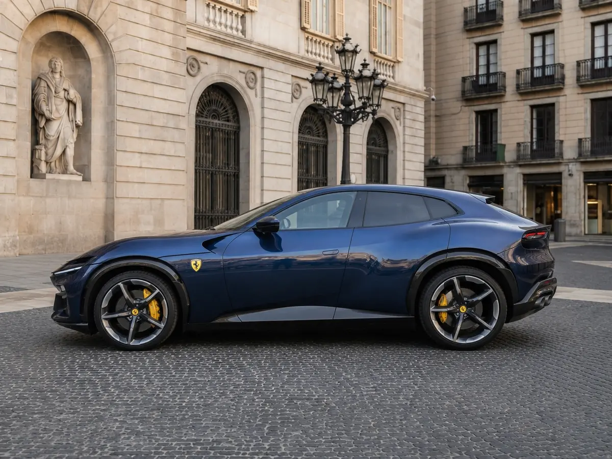 Ferrari Purosangue 2024, вид спереди — Rome Luxury Car Rental, Рим. Ferrari Purosangue 2024 года стоит в линейке отдельно от классических купе марки: пять…