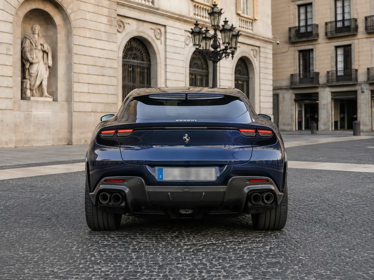 Ferrari Purosangue 2024, вид сзади — Rome Luxury Car Rental, Рим. Ferrari Purosangue 2024 года стоит в линейке отдельно от классических купе марки: пять…