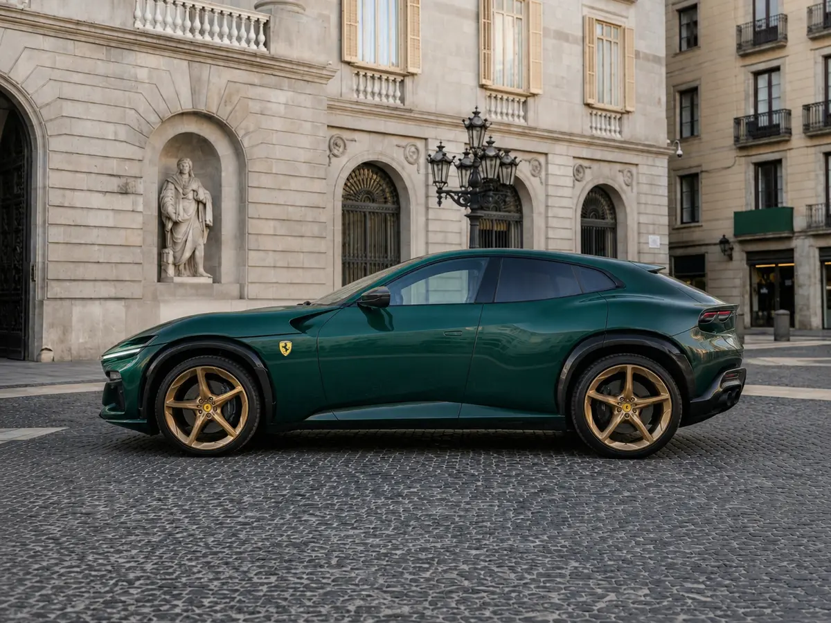 Ferrari Purosangue Atelier 2025, vista frontal — Rome Luxury Car Rental, Roma. El Ferrari Purosangue Atelier reúne los 715 caballos del V12 de Maranello con una cabina…