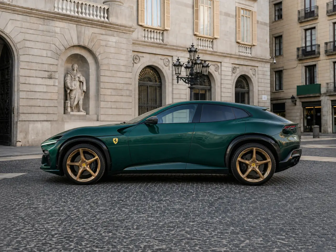 Ferrari Purosangue Atelier 2025, vista frontal — Rome Luxury Car Rental, Roma. El Ferrari Purosangue Atelier reúne los 715 caballos del V12 de Maranello con una cabina…