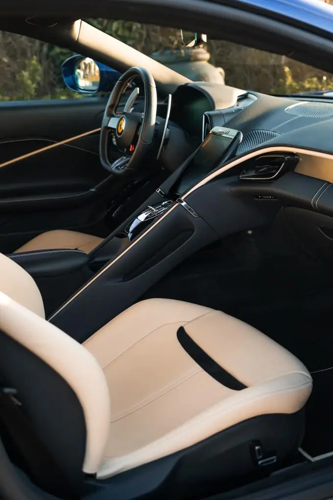 Ferrari Roma 2025, exterior — Rome Luxury Car Rental, Rome. The 2025 Ferrari Roma is built around a rare proposition for this class: a 620 hp V8…