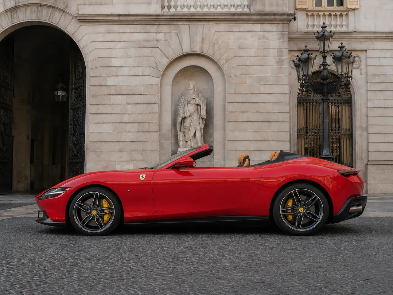 Ferrari Roma Spider 2024, exterior — Rome Luxury Car Rental, Rome. The 2024 Ferrari Roma Spider pairs a 620 hp V8 with a soft-top body designed for open-air…