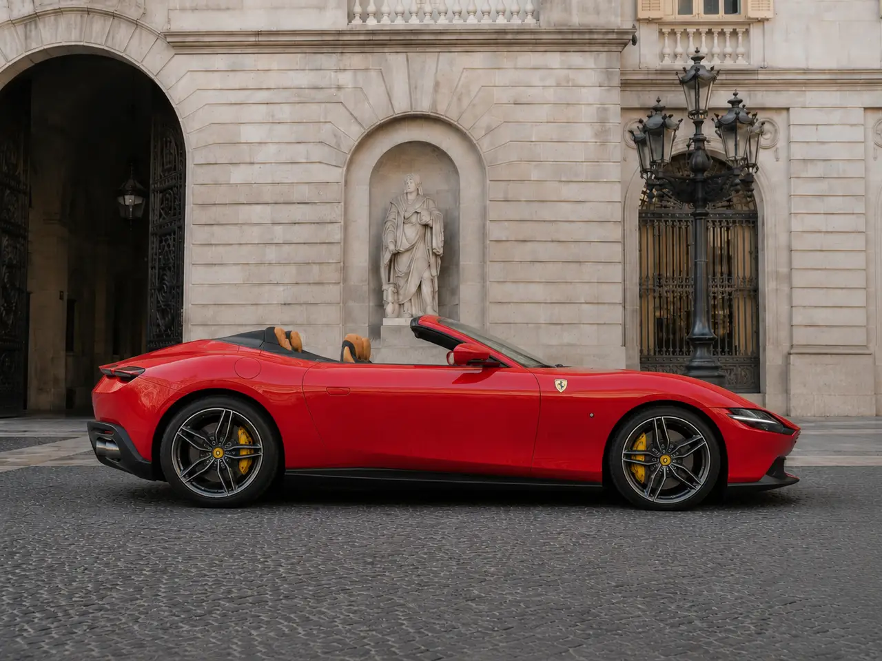 Ferrari Roma Spider 2024, front view — Rome Luxury Car Rental, Rome. The 2024 Ferrari Roma Spider pairs a 620 hp V8 with a soft-top body designed for open-air…