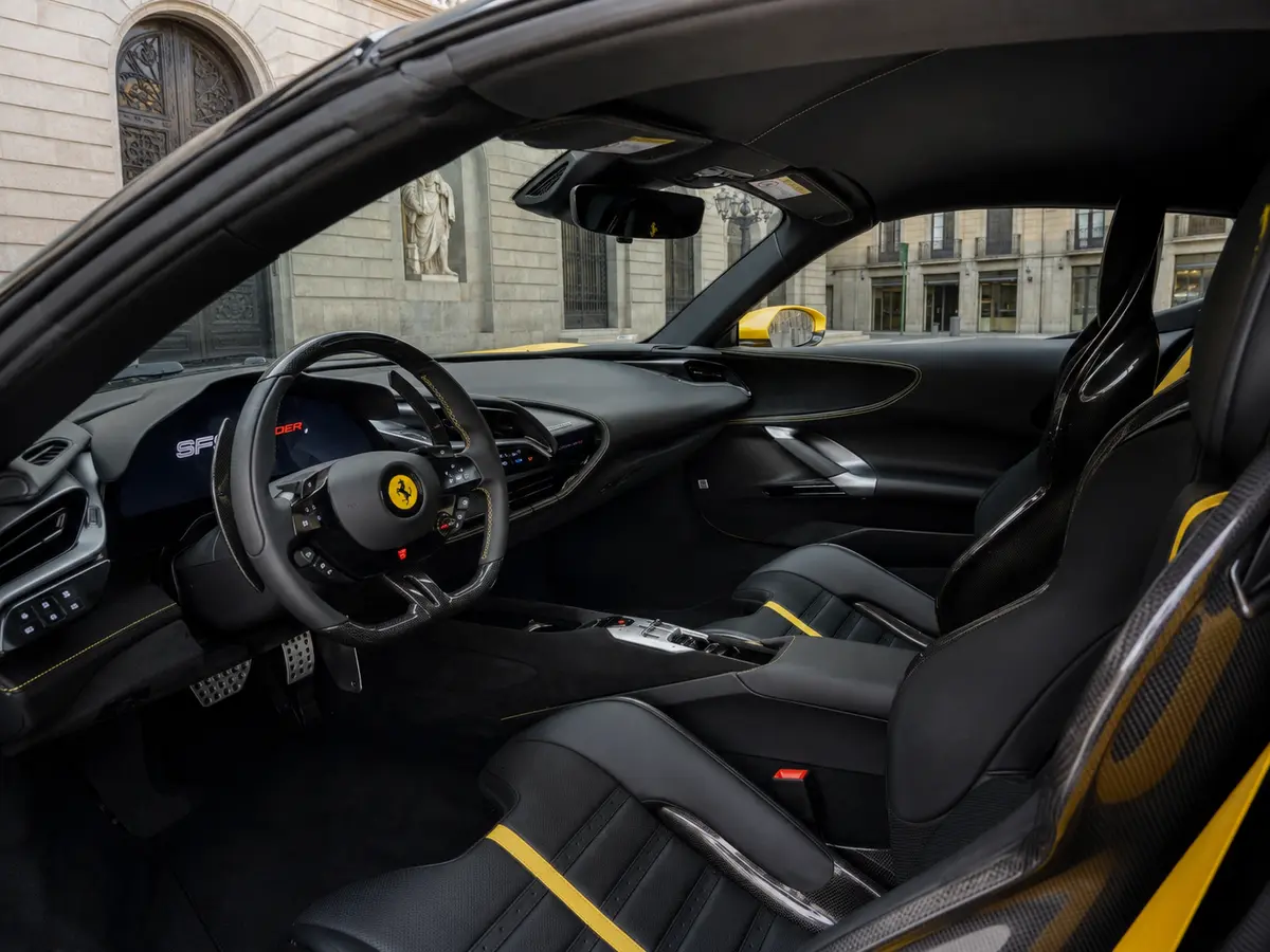 Ferrari SF90 Spider 2024, interior — Rome Luxury Car Rental, Rome. The 2024 Ferrari SF90 Spider is the most powerful road-going Ferrari you can rent in Rome…
