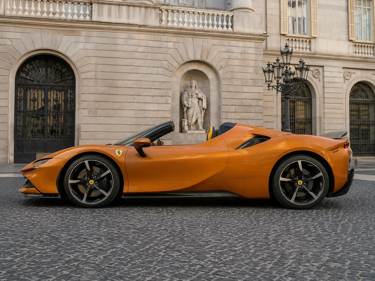 Ferrari SF90 Spider Tailor Made 2025, esterno — Rome Luxury Car Rental, Roma. La Ferrari SF90 Spider Tailor Made è una due posti da 986 CV, una configurazione ibrida…