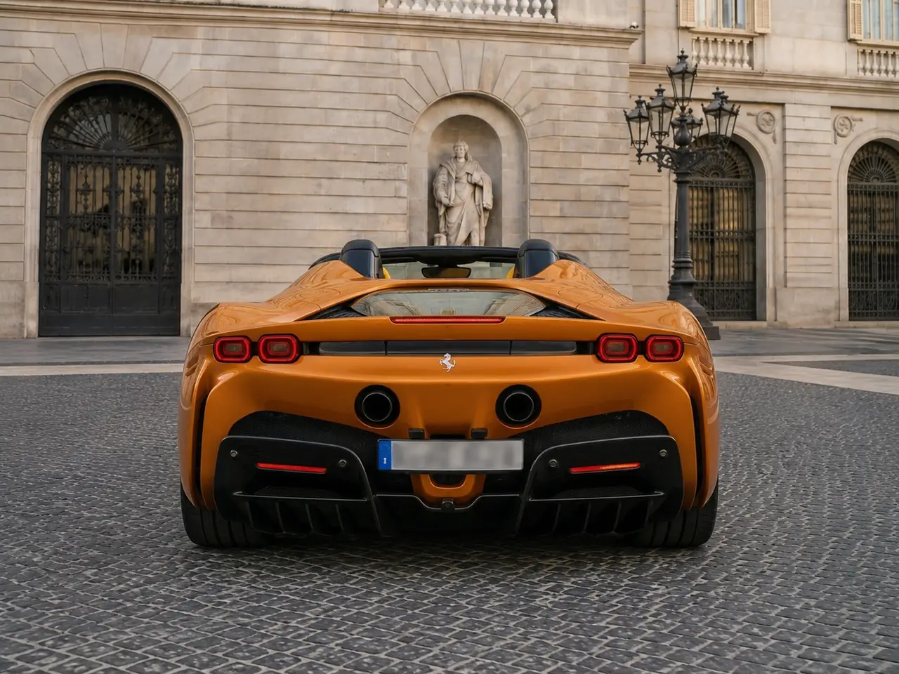 Ferrari SF90 Spider Tailor Made 2025, vista posteriore — Rome Luxury Car Rental, Roma. La Ferrari SF90 Spider Tailor Made è una due posti da 986 CV, una configurazione ibrida…