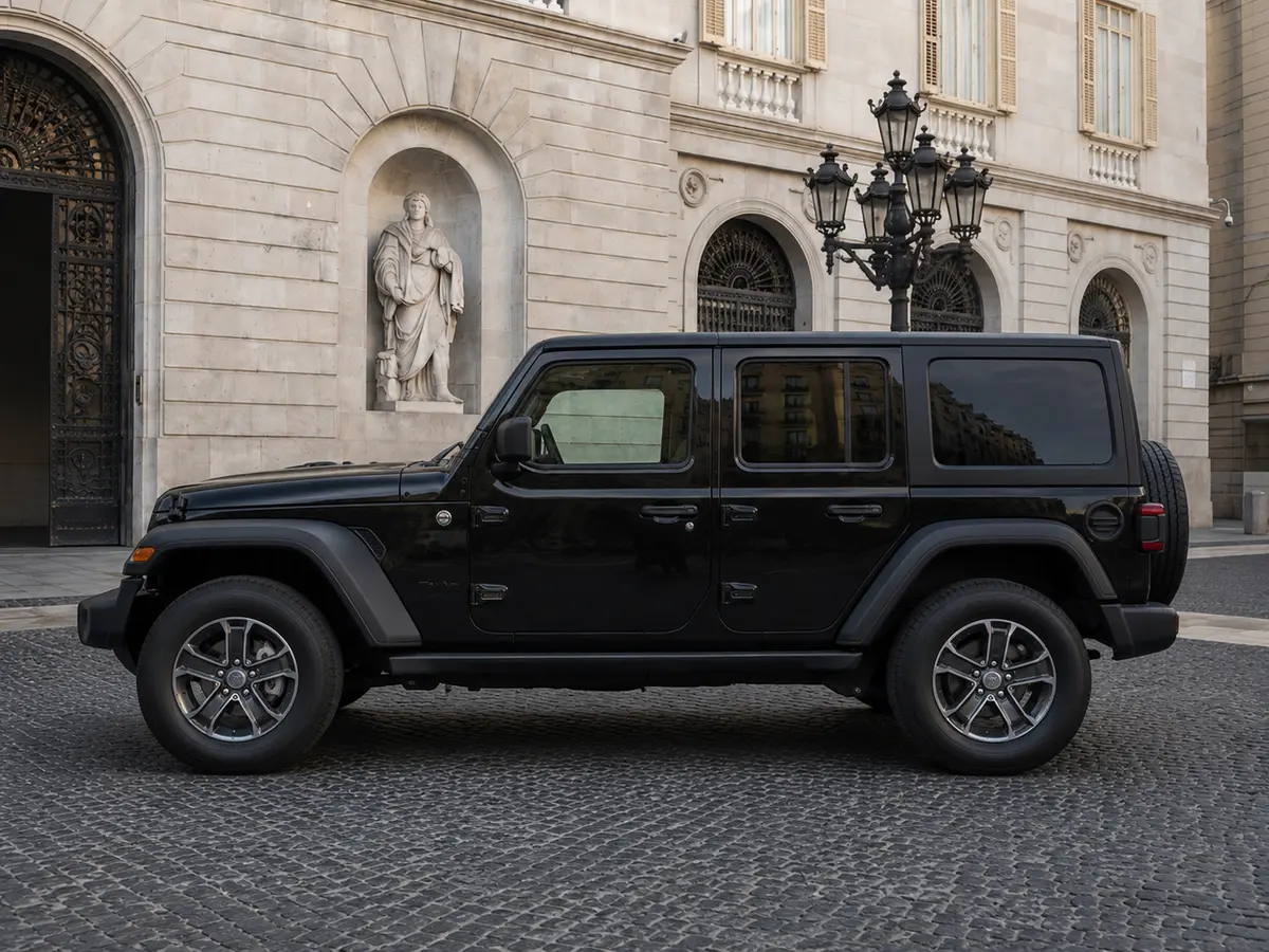 Jeep Wrangler 2025, esterno — Rome Luxury Car Rental, Roma. Il Jeep Wrangler 2025 porta a Roma un carattere diverso dal solito registro luxury:…