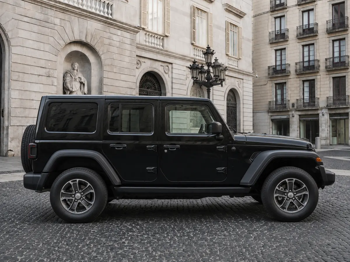 Jeep Wrangler 2025, vista frontale — Rome Luxury Car Rental, Roma. Il Jeep Wrangler 2025 porta a Roma un carattere diverso dal solito registro luxury:…