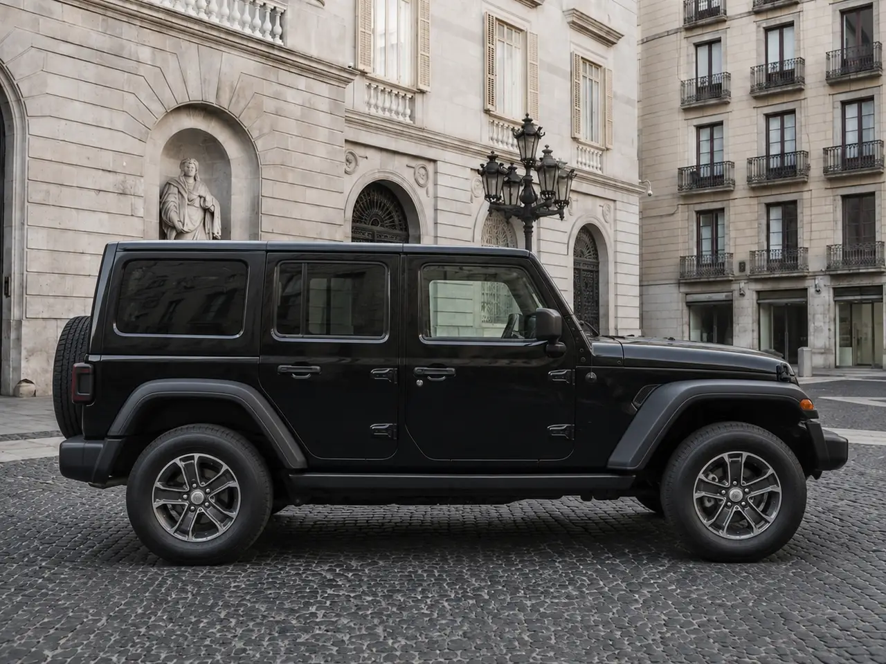 Jeep Wrangler 2025, vista frontale — Rome Luxury Car Rental, Roma. Il Jeep Wrangler 2025 porta a Roma un carattere diverso dal solito registro luxury:…