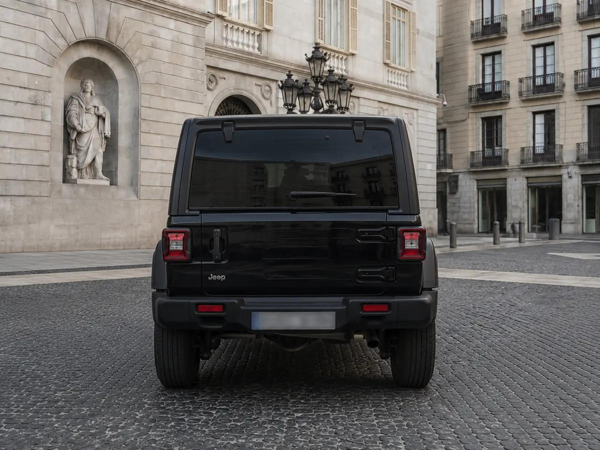 Jeep Wrangler 2025, vista posteriore — Rome Luxury Car Rental, Roma. Il Jeep Wrangler 2025 porta a Roma un carattere diverso dal solito registro luxury:…