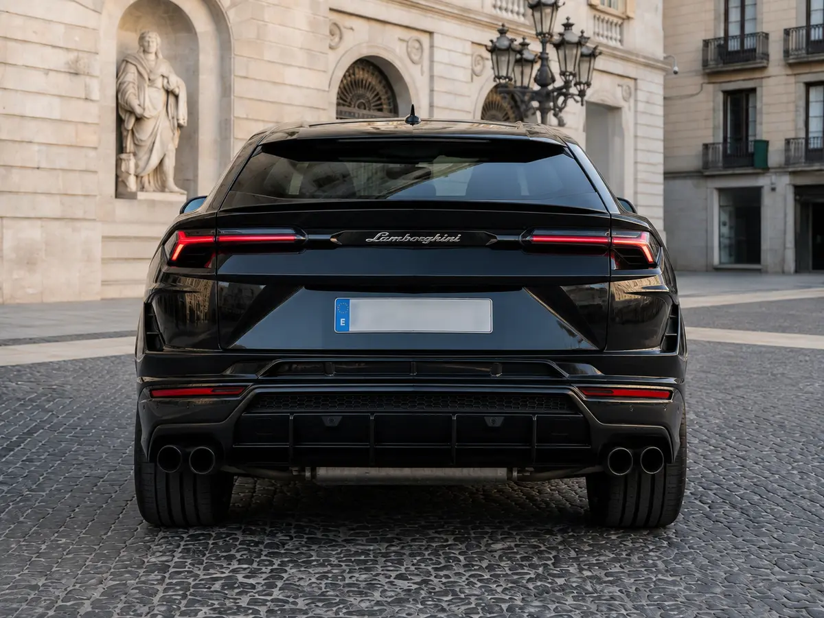 Lamborghini Urus S 2023, vista posteriore — Rome Luxury Car Rental, Roma. Il Lamborghini Urus S del 2023 porta in un SUV cinque posti la stessa logica meccanica…