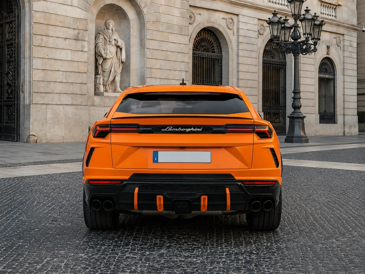 Lamborghini Urus S 2024, vista trasera — Rome Luxury Car Rental, Roma. El Lamborghini Urus S de 2024 combina la potencia de un superdeportivo con la practicidad…