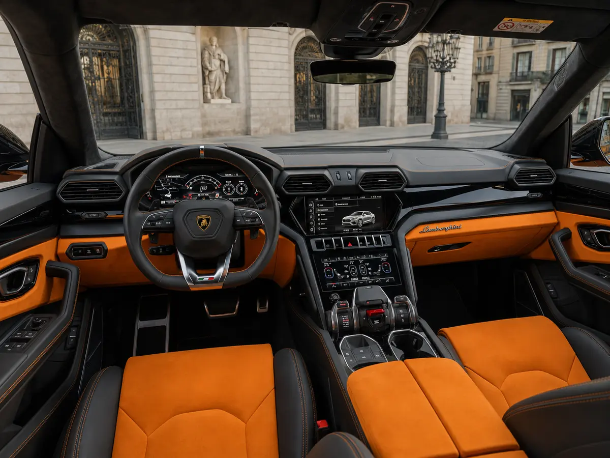 Lamborghini Urus S 2024, interior — Rome Luxury Car Rental, Roma. El Lamborghini Urus S de 2024 combina la potencia de un superdeportivo con la practicidad…