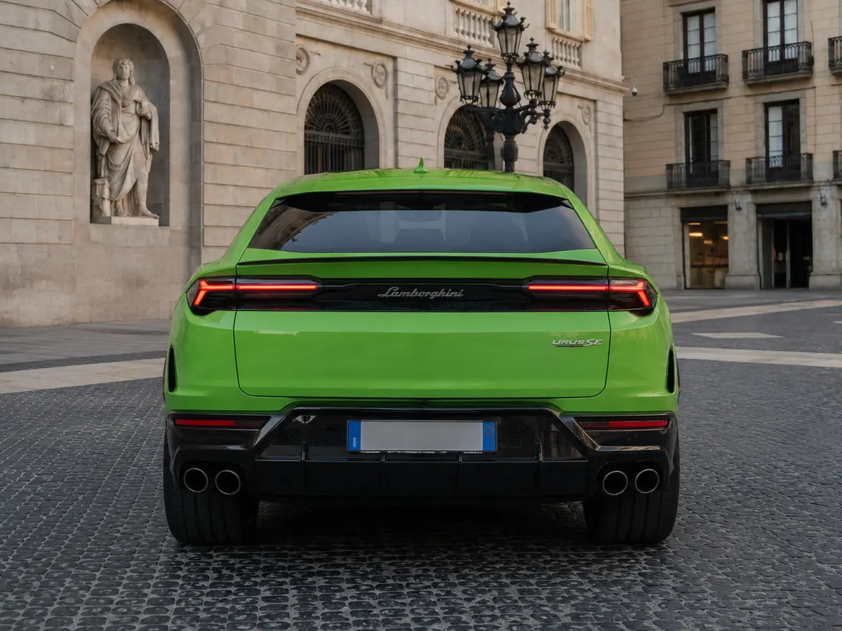 Lamborghini Urus SE 2026, vista posteriore — Rome Luxury Car Rental, Roma. Il Lamborghini Urus SE 2026 porta all'estremo l'idea di SUV sportivo: 800 CV distribuiti…