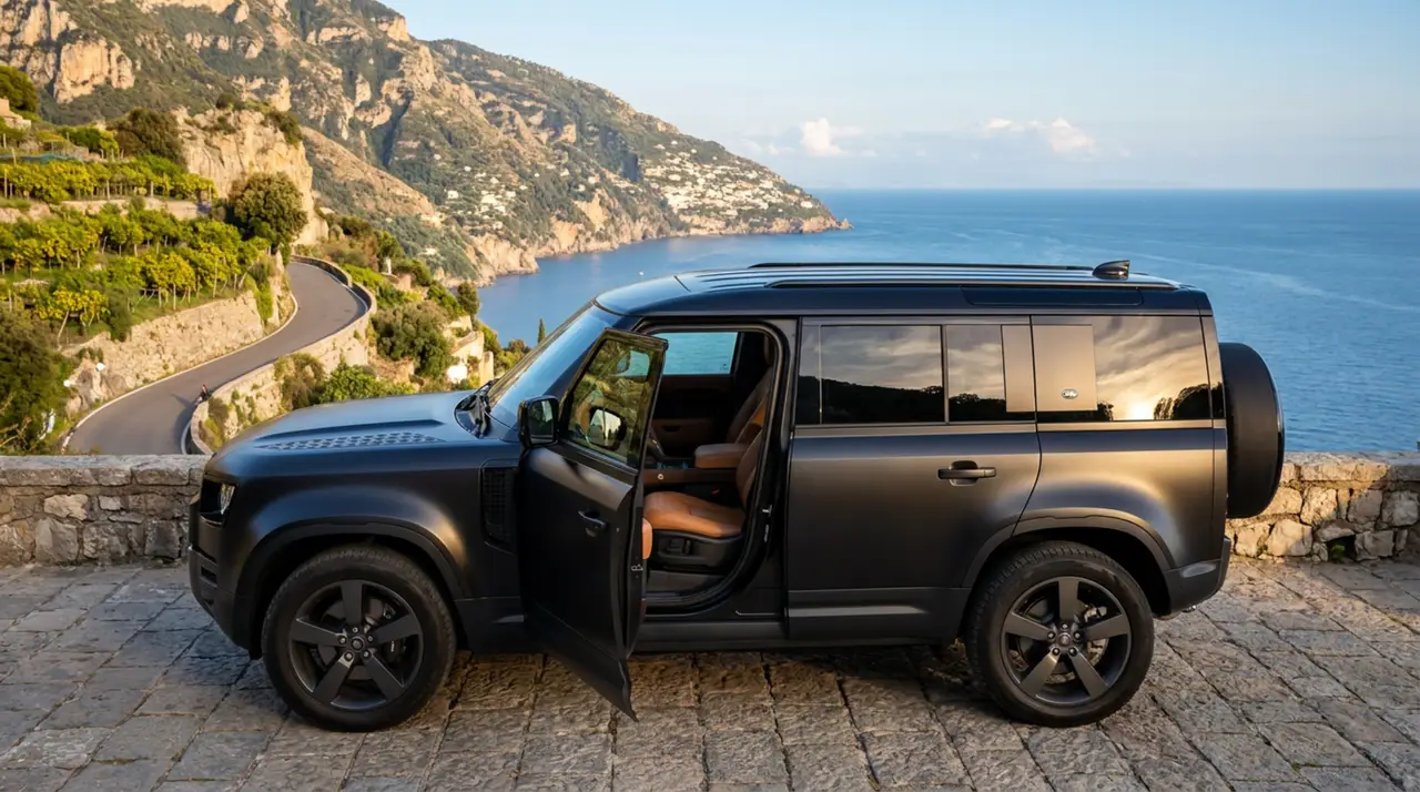 Land Rover Defender 2024, interni — Rome Luxury Car Rental, Roma. Il Land Rover Defender 2024 è la scelta giusta quando il gruppo cresce e il bagagliaio…