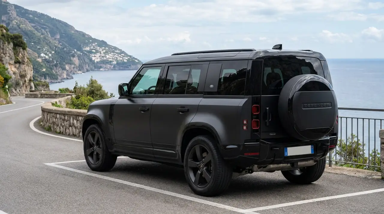 Land Rover Defender 2024, cruscotto — Rome Luxury Car Rental, Roma. Il Land Rover Defender 2024 è la scelta giusta quando il gruppo cresce e il bagagliaio…